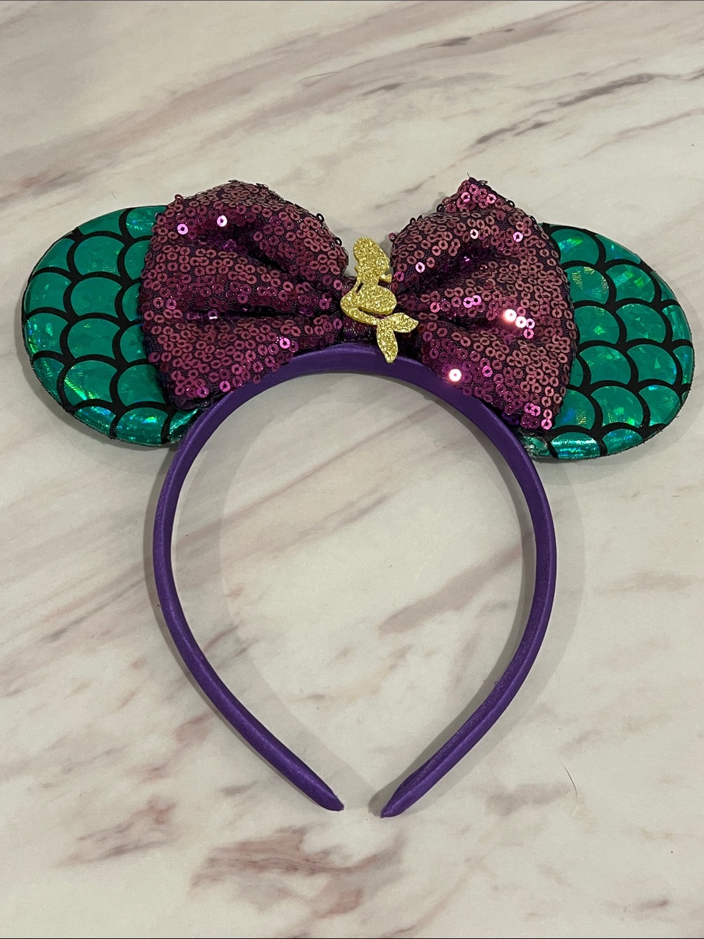 Kids Sequin Mermaid Ear Headband - Purple Bow & Green Scales